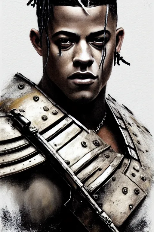 Prompt: a photorealistic painting of XXXTentacion partially clothed in metal-plated battle armor, beautiful bone structure, symmetrical face, perfect eyes, intricate, elegant, digital painting, concept art, illustration, sharp focus, minimal artifacts, from Metal Gear, in the style of Ruan Jia and Mandy Jurgens, by Greg Rutkowski, trending on Artstation, award winning
