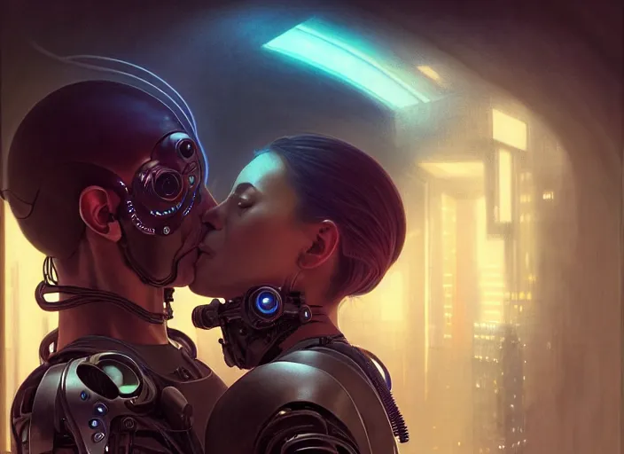 Image similar to ultra realistic medium shot of a couple of cyborgs kissing, lovers, cyberpunk, sci - fi, fantasy, kodak, colour led, soft light, volumetric lighting, fog, rays, night, intricate, highly detailed, digital painting, concept art, smooth, sharp focus, illustration, art by artgerm and greg rutkowski and alphonse mucha