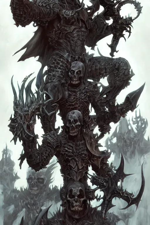 Image similar to death lord stand on skulls, highly detailed, d & d, fantasy, highly detailed, digital painting, trending on artstation, concept art, sharp focus, illustration, global illumination, ray tracing, realistic shaded, art by artgerm and greg rutkowski and fuji choko and viktoria gavrilenko and hoang lap,