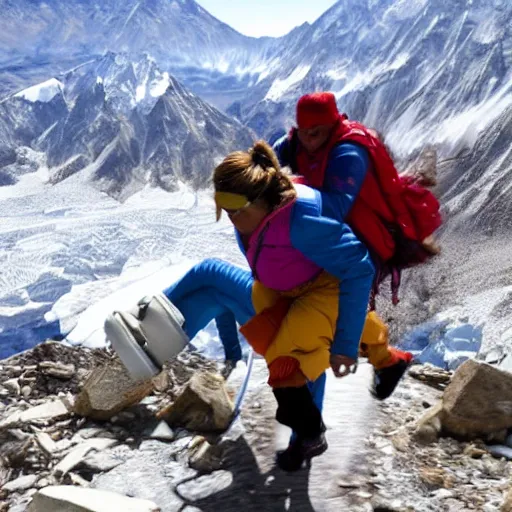 Image similar to blonde lady pushing obese indian woman in a wheelchair up mount everest