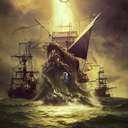 Prompt: a hyperrealistic illustration of Captain Jack Sparrow as Davy Jones, Davy Jones with Tentacles, Face hybrid of Davy Jones and Jack Sparrow, Pirates of the Caribbean Ship with fractal sunlight in the Background, award-winning, masterpiece, in the style of Tom Bagshaw, Cedric Peyravernay, Peter Mohrbacher