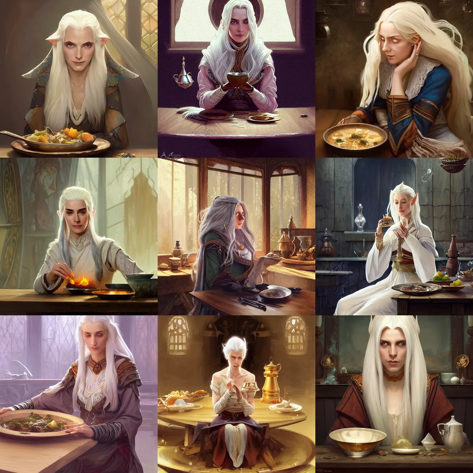 Prompt: a graceful noble female high - elf wizard with white hair sitting at a wooden table in a cabin looking sceptically at a bowl of stew, fantasy, highly detailed, digital painting, artstation, concept art, character art, art by greg rutkowski and tyler jacobson and alphonse mucha