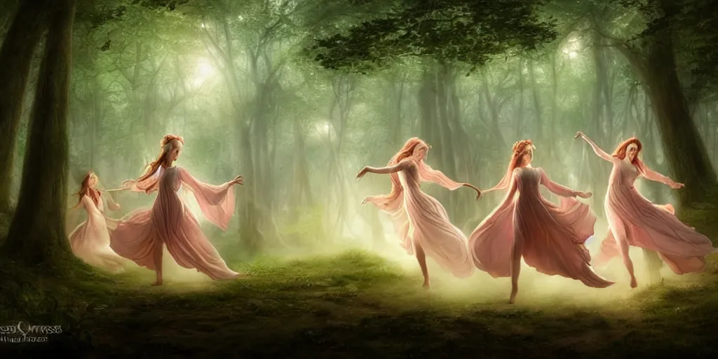 Prompt: masterpiece ephemeral elven girls dancing in the woods at dusk, by rossdraws, face by artgerm and edmund leighton, majestic, volumetric lighting, porcelain skin, photorealistic, intricate, trending on artstation 8 k