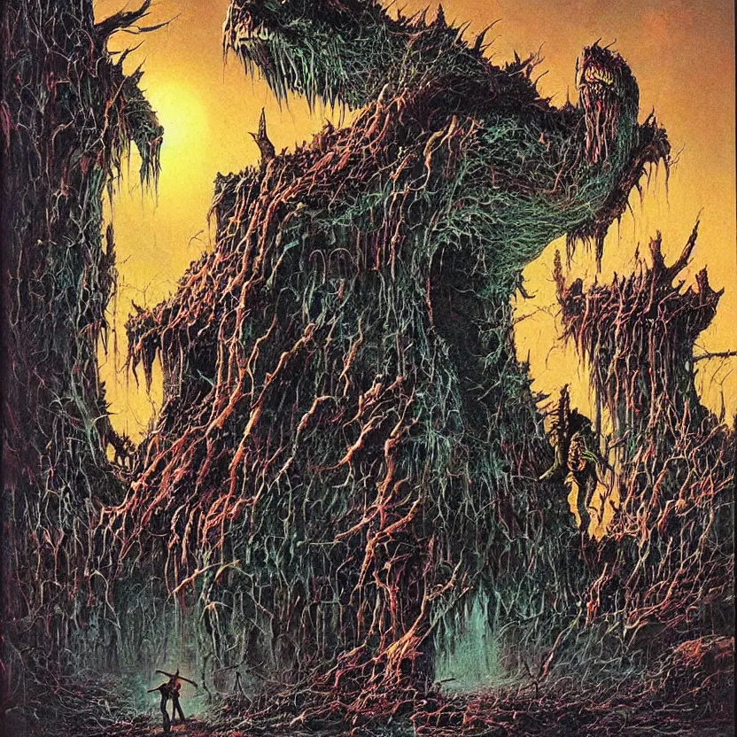 Image similar to a monster coming out of a painting. goosebumps cover art by tim jacobus, bruce pennington, richard corben, and bruce pennington. pulp horror art.