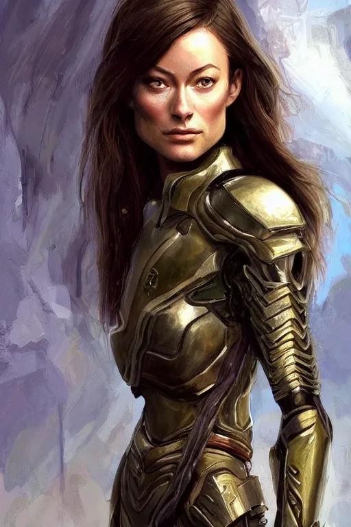 Image similar to a professional painting of a young Olivia Wilde, clothes in military armor, olive skin, long dark hair, beautiful bone structure, symmetrical facial features, intricate, elegant, digital painting, concept art, smooth, sharp focus, illustration, from StarCraft by Ruan Jia and Mandy Jurgens and Artgerm and William-Adolphe Bouguerea