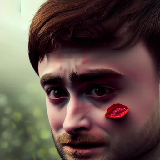 Prompt: hybrid of daniel radcliffe and a!! radish!!, film still,!! red skin!!,!! leaf ears!!, seeds, 8 k, trending on artstation