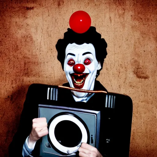 Image similar to Vampire clown with wires in his head watches old retro TV in a shabby motel room