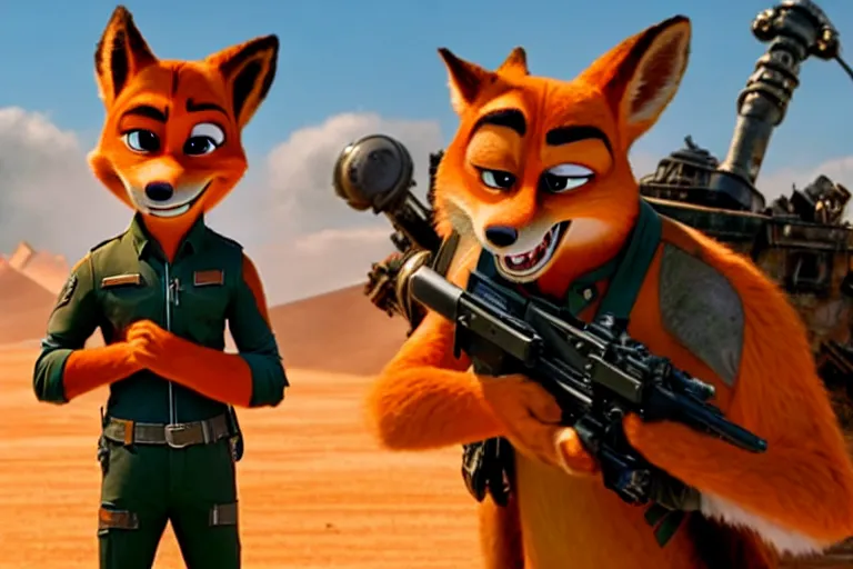 Image similar to nick wilde ( from zootopia ), heavily armed and armored facing down armageddon in a dark and gritty reboot from the makers of mad max : fury road