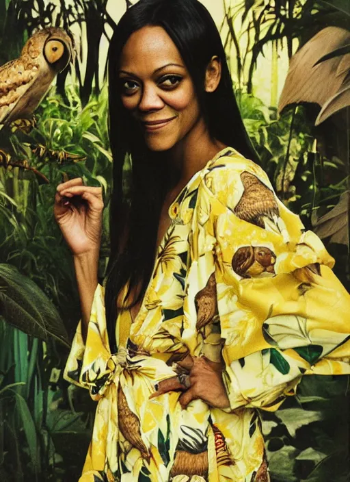 Image similar to grainy head to shoulder portrait Polaroid film photograph of Zoe Saldaña wearing a yellow kimono with a very detailed barn owl on her shoulder!!! in a tropical greenhouse. looking at the camera!!. super resolution. Extremely detailed. Polaroid 600 film. by Annie Leibovitz.