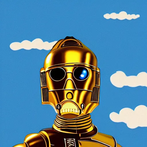 Image similar to entire body portrait of Simpson as C3PO in star wars, background blue sky puffy clouds cinematic 4k