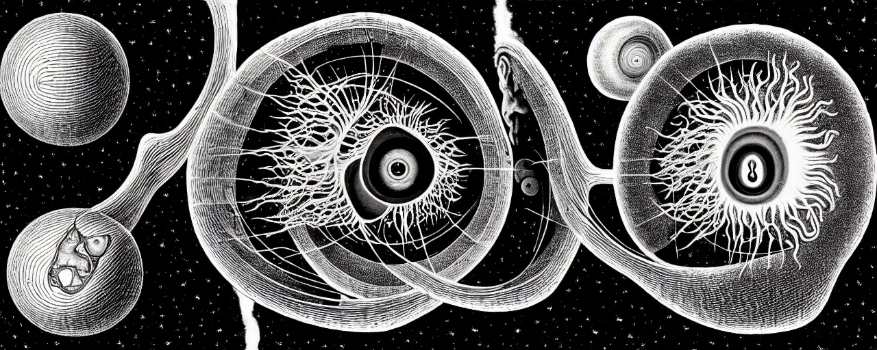 Image similar to a giant visceral anatomical eyeball sings a unique canto about'as above so below'to the a cosmic cochlea, while being ignited by the spirit of haeckel and robert fludd, in honor of saturn's day, painted by ronny khalil