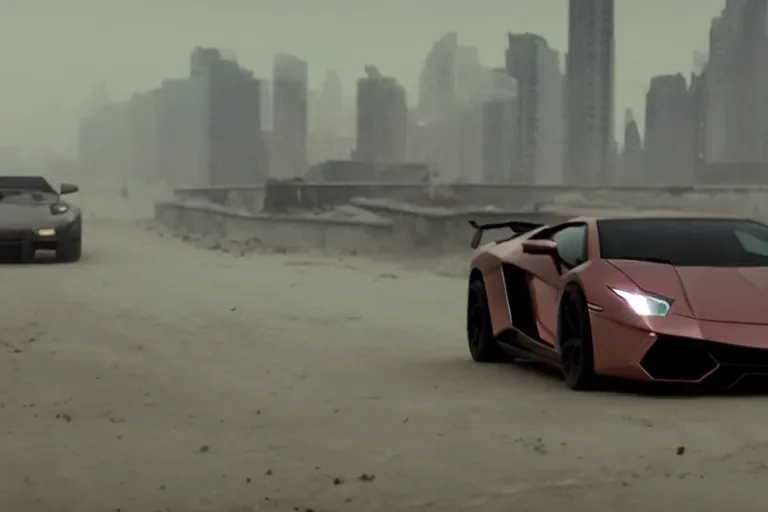 Image similar to A cinematic film still of a Lamborghini in the movie Blade Runner: 2049.