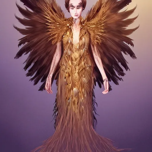 Image similar to , a woman with a golden crown shaped like the wings of a crow, she wears clothes made of feathers through which smoke and fog goes, intricate, elegant, highly detailed, digital painting, artstation, concept art, smooth, sharp focus, illustration, art by Terry Moore