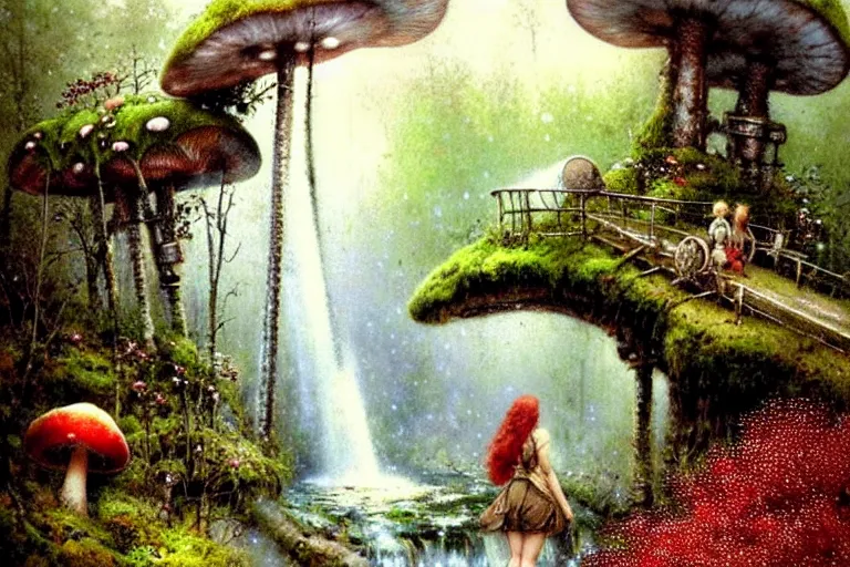 Image similar to adventurer ( ( ( ( ( 1 9 5 0 s retro future steam turbine and mill in forrest of giant mushrooms, moss and flowers stone bridge waterfall. muted colors. ) ) ) ) ) by jean baptiste monge!!!!!!!!!!!!!!!!!!!!!!!!! chrome red