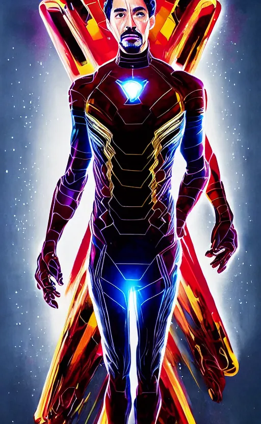 Image similar to portrait of robert sheehan as tony stark from the avengers infinity war, marvel concept art, hyperrealistic, detailed, accurate illustration, dramatic lighting, action pose