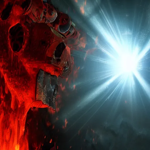 Image similar to hell is made out of fiery ice, cyperpunk, high detail, lens flares
