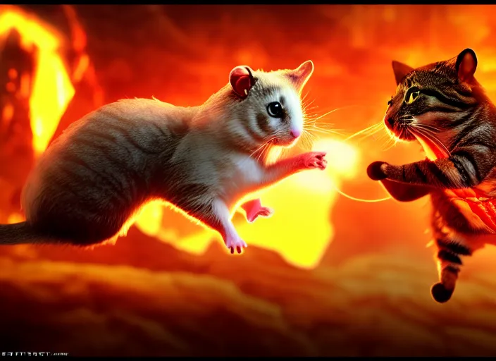 Prompt: hamster fights a cat in mortal kombat at a volcano with shao khan cheering in the background. fantasy magic style. highly detailed 8 k. intricate. lifelike. soft light. sony a 7 r iv 5 5 mm. [ cinematic post - processing ].