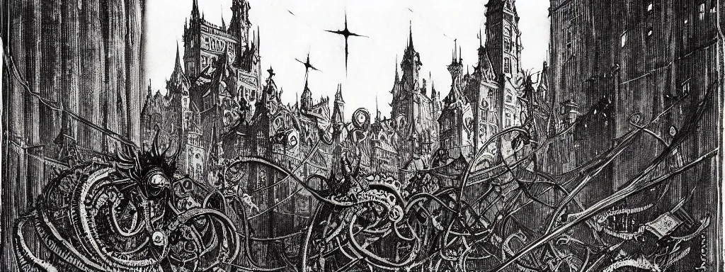 Image similar to the alchemical art of etching by master anders zorn. a lovecraftian horror destroying a city. ink highly detailed lines