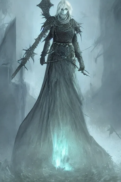 Prompt: dark souls 3 firekeeper fractal, pale bluish greenish brownish hue, dark gothic, dreamy, marc simonetti, patrick turner, realistic cgsocie