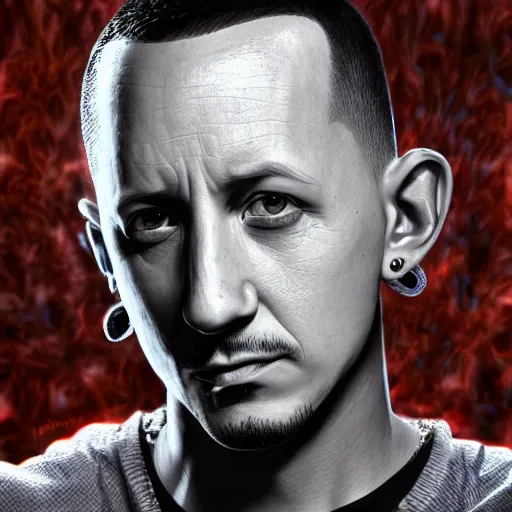 Image similar to photorealistic chester bennington. hyperdetailed photorealism, 1 0 8 megapixels, amazing depth, high resolution, 3 d shading, 3 d finalrender, 3 d cinematic lighting, glowing rich colors, psychedelic overtones, artstation concept art.