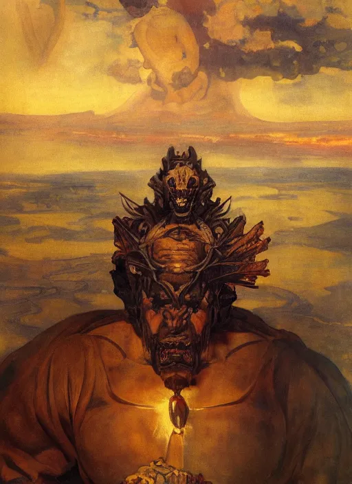 Image similar to biblical mechanical daemon sitting slayed, in clouds over a city, sunset, big eyes, portrait by mikhail vrubel, studio lighting, muted colors, by frank frazetta, extreme detail, reflections, trending on artstation, 8 k