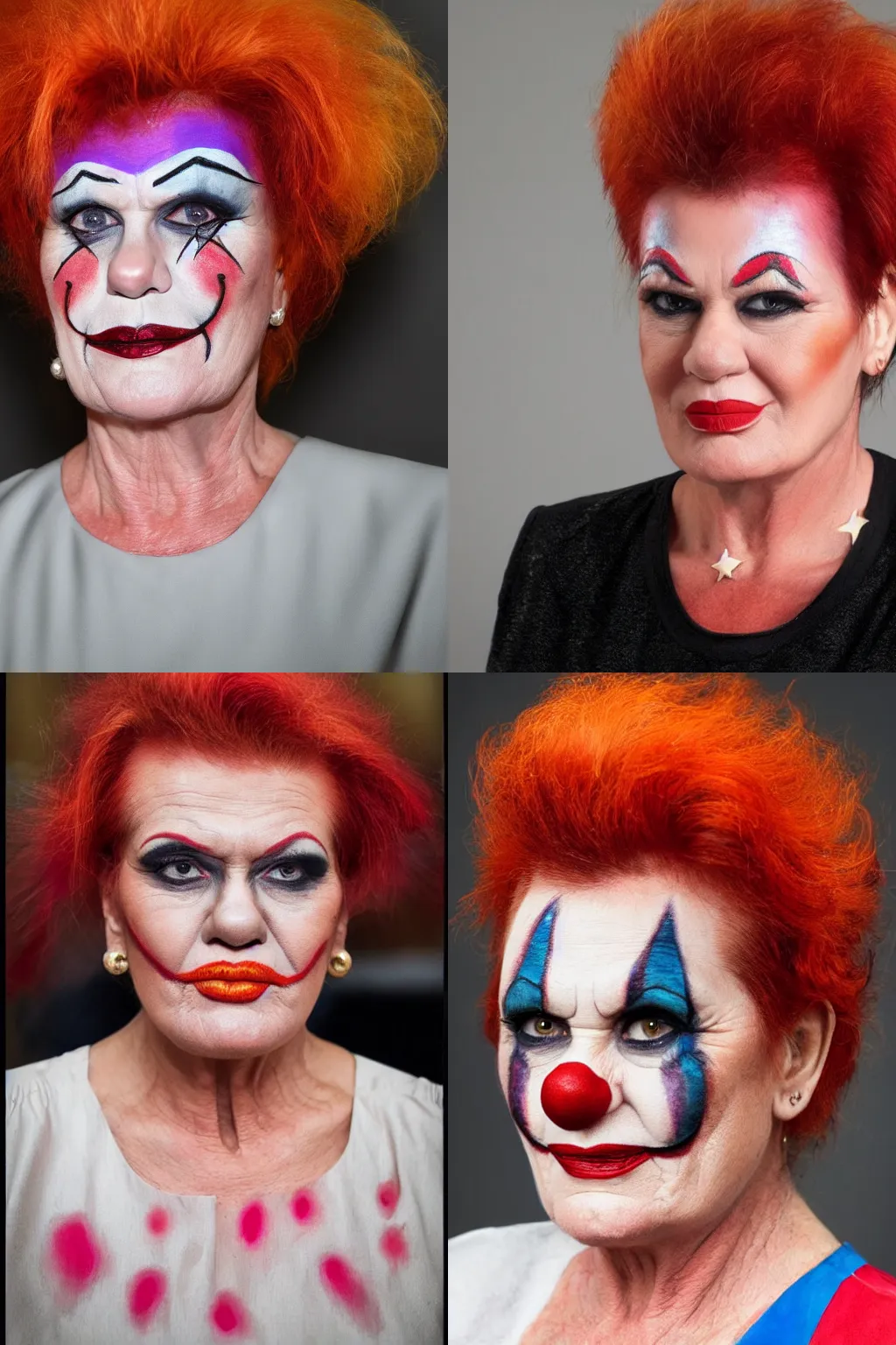 Prompt: Photograph of Pauline Hanson wearing clown makeup, portrait photograph