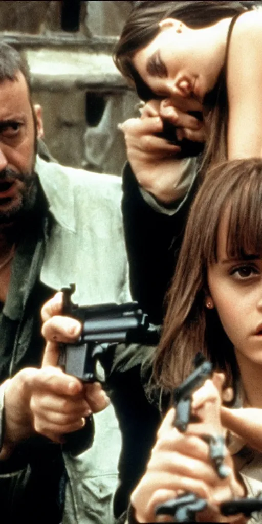 Prompt: Emma Watson and Jean Reno in Leon The Professional holding guns