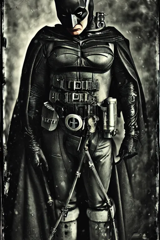 Image similar to a wet plate photograph of Dieselpunk Batman