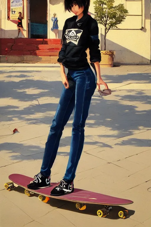 Image similar to A ultradetailed beautiful panting of a stylish woman standing on a skateboard, she is wearing streetwear, bright sunny day, Oil painting, by Ilya Kuvshinov, Greg Rutkowski and Makoto Shinkai