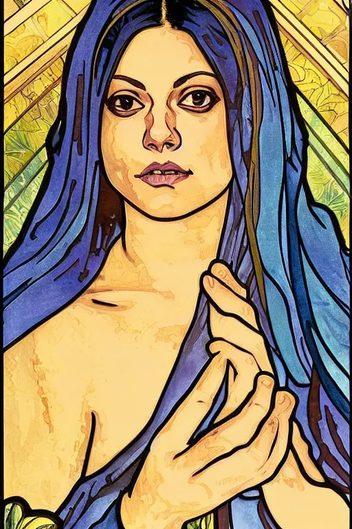 Prompt: stained glass portrait of mila kunis, in the style of alphonse mucha, anjali mudra, tarot, smooth, gold, dark blue, watercolor