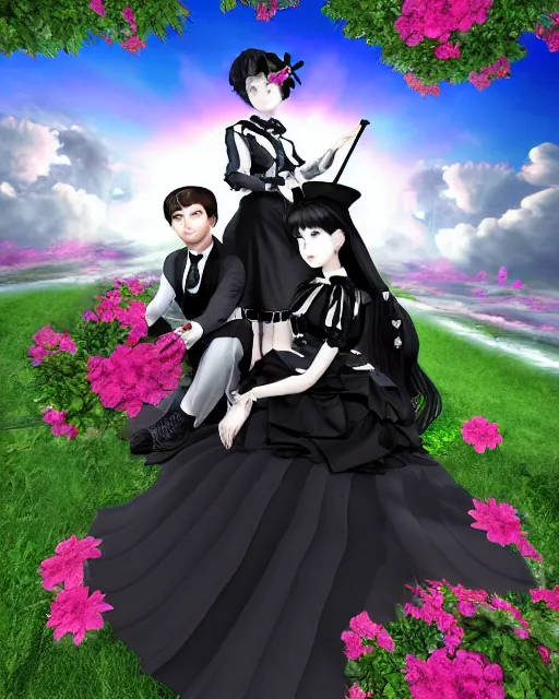 Image similar to a gothic lolita gown woman with a parasol and gothic lolita man with a suit and tie sitting on a cloud surrounded with cibi angles and by the gates of heaven 3 d digital art