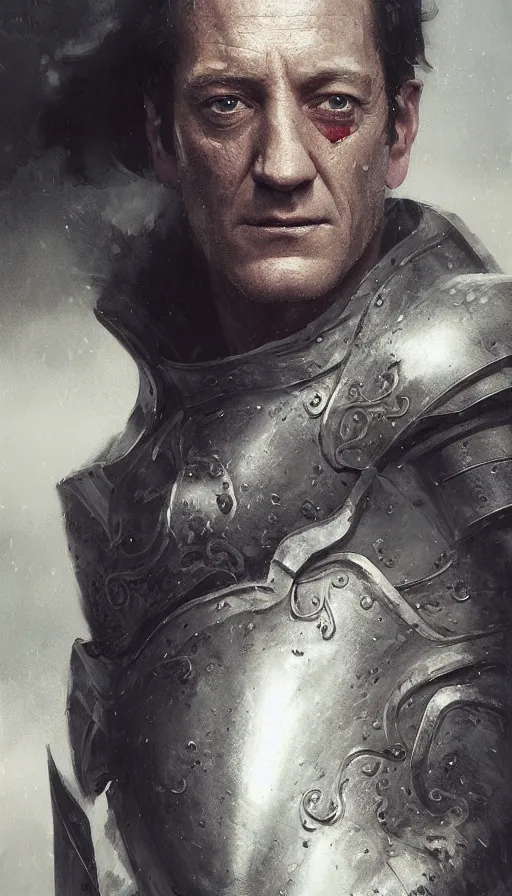Prompt: Portrait of Jason Isaacs as an old knight, male, detailed face, fantasy, highly detailed, cinematic lighting, digital art painting by greg rutkowski