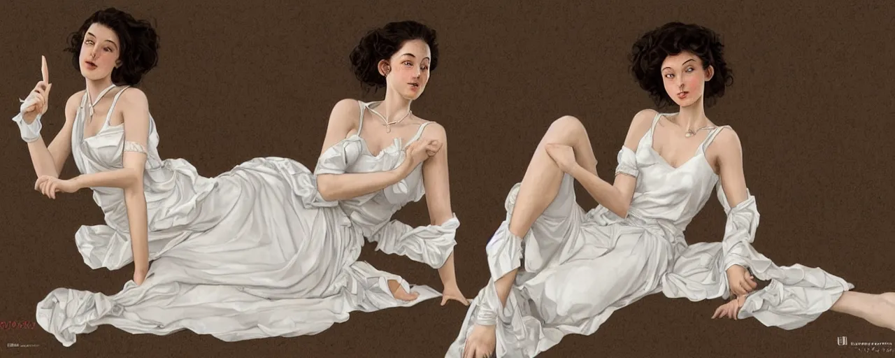 Prompt: character design, reference sheet, ancient white dress, relaxing, 15 years old female, happy, beautiful, elegant, no shoes, open v chest clothes, long dark hair, concept art, photorealistic, hyperdetailed, 3d rendering! , art by Leyendecker! and constable,