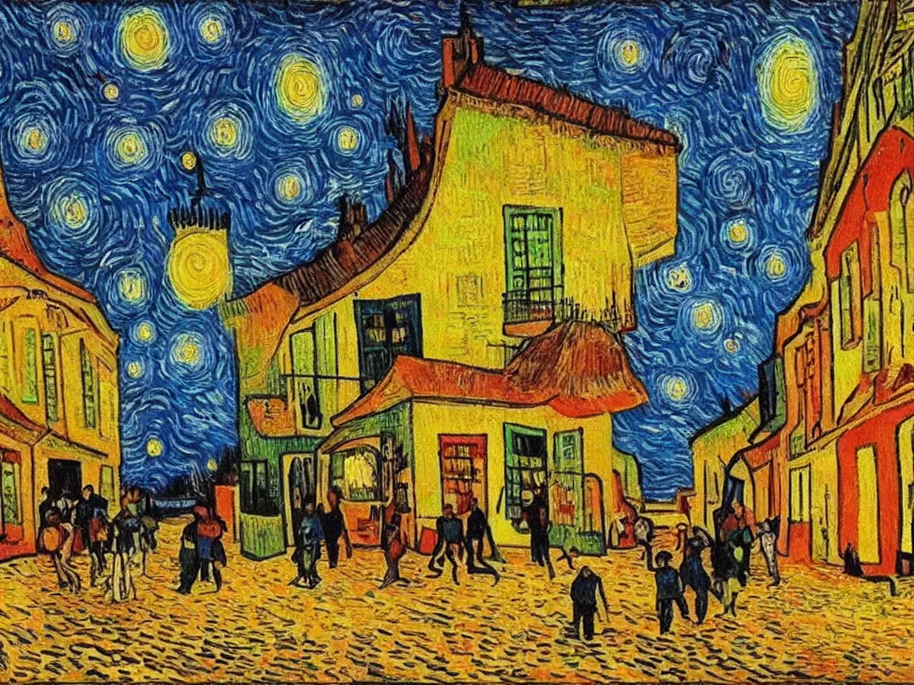 Image similar to bright beautiful oil painting of spaceship abducting people from arles france, light scatter, van gogh