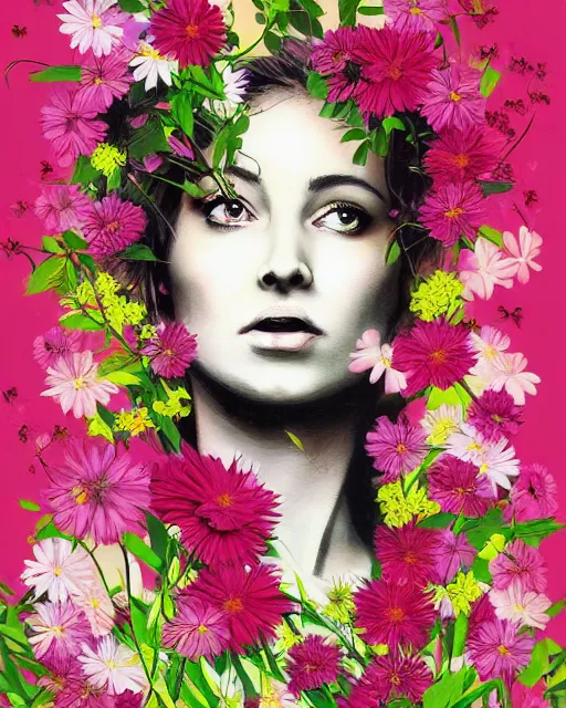 Prompt: woman portrait explosion of flowers and foliage, banksy, artgerm