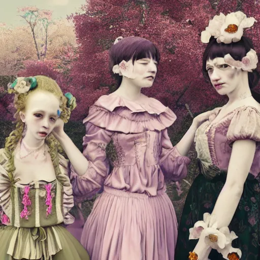 Prompt: 8k, octane render, realism, tonalism, renaissance, rococo, baroque, group of creepy young ladies wearing long tonal harajuku manga dress with flowers and skulls, background chaotic flowers