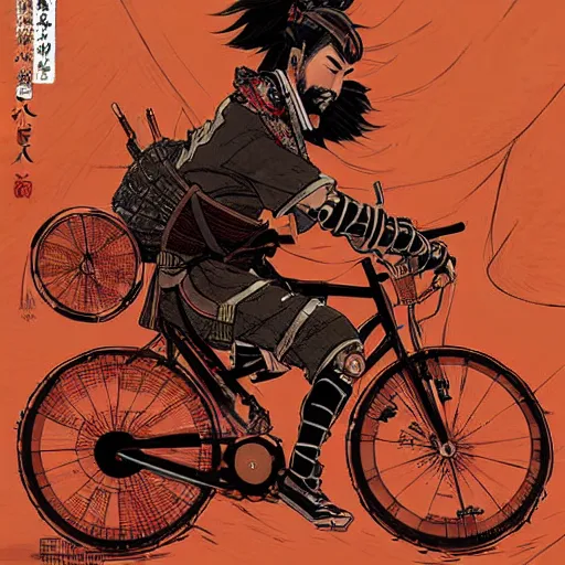Image similar to japanese samurai riding a bicycle that looks like Borderlands and by Feng Zhu and Loish and Laurie Greasley, Victo Ngai, Andreas Rocha, John Harris