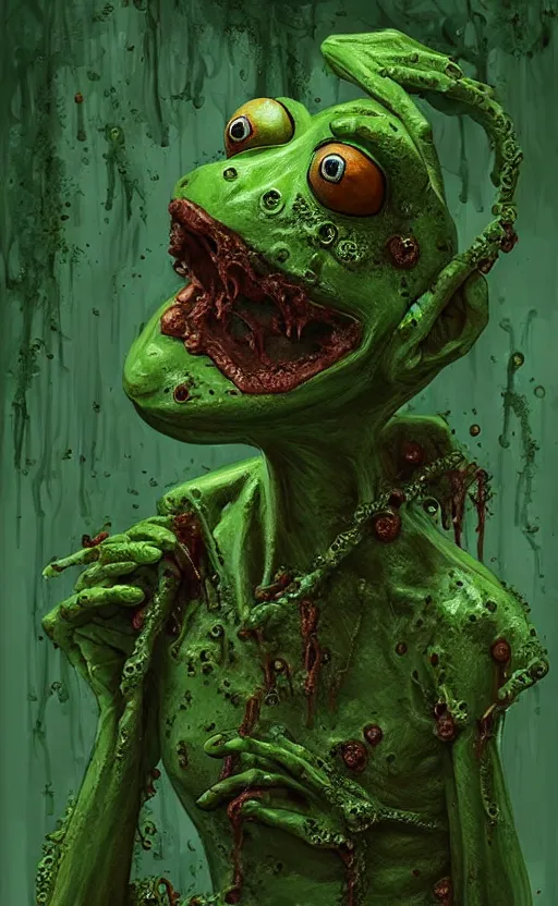 Image similar to delta green, zombie bloated kermit the frog locked in septic tank, present day, creepy, lovecraftian, intricate and very beautiful and highly detailed, elegant, digital painting, artstation, concept art, matte, smooth and sharp focus, illustration, art by tian zi and wlop and alsphonse mucha and artgerm and greg rutkowski