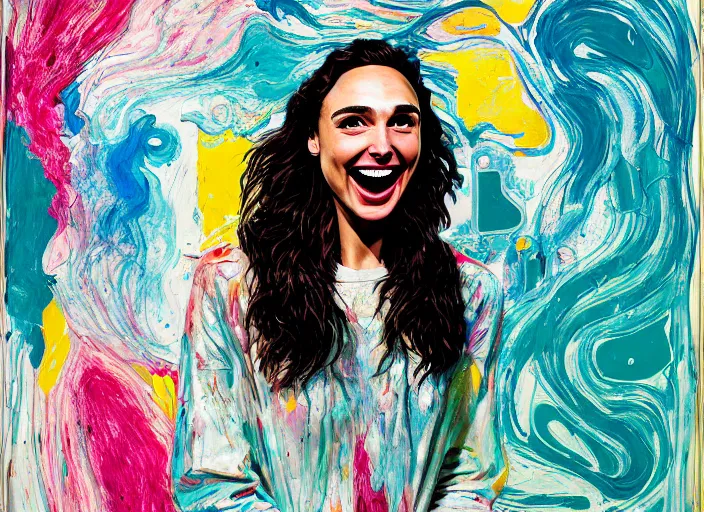 Image similar to portrait of gal gadot laughing, by vincent lefevre and hernan bas and pat steir and hilma af klint, psychological, photorealistic, dripping paint, washy brush, rendered in octane, altermodern, masterpiece