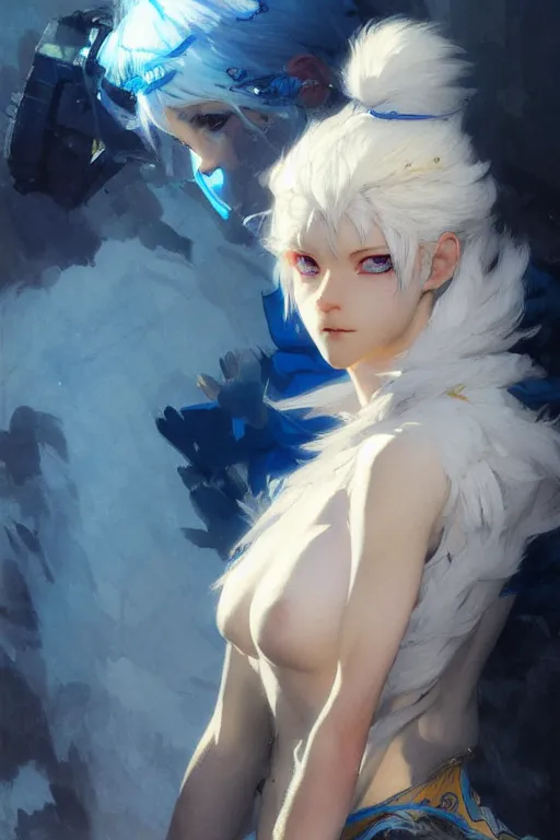 Prompt: white haired catgirl with bright blue eyes in sportswear portrait dnd, painting by gaston bussiere, craig mullins, greg rutkowski, yoji shinkawa