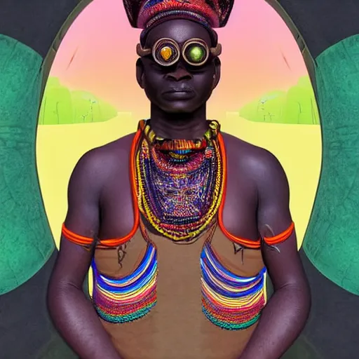 Image similar to colourful vfx upper half - portrait - art of a nigerian tribal chief wearing steam punk goggles, art by utagawa kunisada & james jean, symmetrical, intricate detail, concept art, volumetric light, ray tracing, caricature, digital illustration, octane 3 d render, unreal engine, sharp, 8 k post process, pinterest, behance, art station,