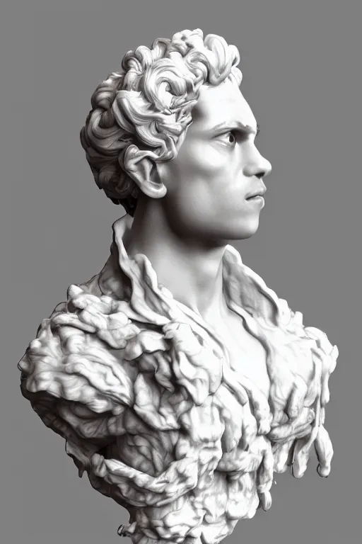 Image similar to a beautiful porcelain Baroque style bust of handsome young Spanish man with colored pipecleaners coming out of the neck suspended in space, photorealism, octane render, depth of field, 8k, 35mm, artgem, Trending on artstation