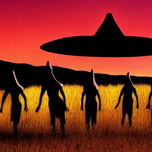 Prompt: dark silhouette of aliens disembarking lit ufo in african savannah, traditional photography