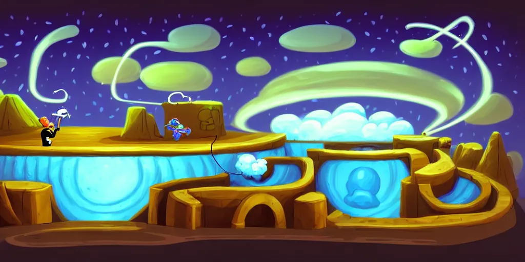 Image similar to nightscape chubby cartoon concept art, wall with drain on the edge of the river, spiral clouds, sam and max, liquid smoke