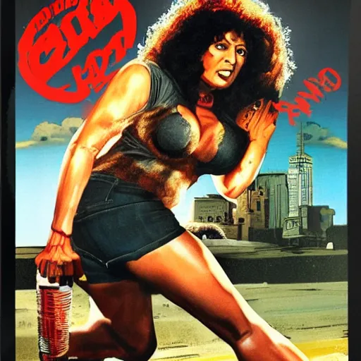 Prompt: grindhouse movie poster with pam grier fighting a werewolf, cinematic