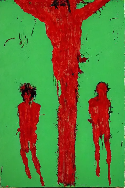 Image similar to green background with bloody christ crucified painted by cy twombly and andy warhol