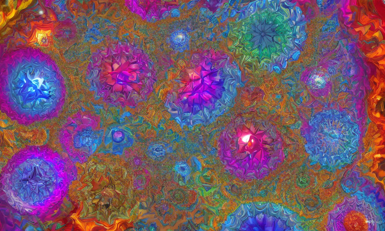 Image similar to voronoi engine laboratory 3 d volume kaleidoscope mandala fractal chakra digital multicolor stylized concept substance by artgerm, rossdraws, norman rockwell, magali villeneuve, gil elvgren, alberto vargas, earl moran, enoch bolles radiating a glowing aura global illumination ray tracing hdr