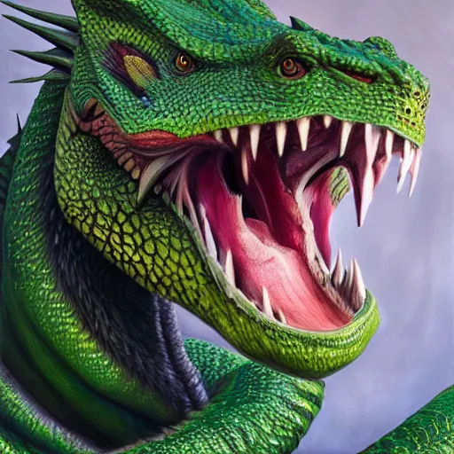 Image similar to realistic, portrait painting, large green dragon, sharp, kodachrome, cgi, hd, detailed