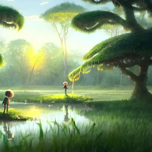 Prompt: a wholesome animation key shot of a ` cute swamp runway with round tree bushes, studio ghibli, pixar and disney animation, sharp, rendered in gouache painting, anime key art by greg rutkowski, bloom, dramatic, dynamic lighting