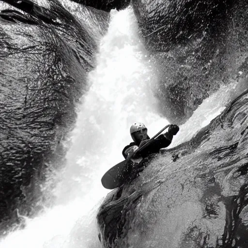 Image similar to “whitewater kayaking down a skull waterfall, black and white”